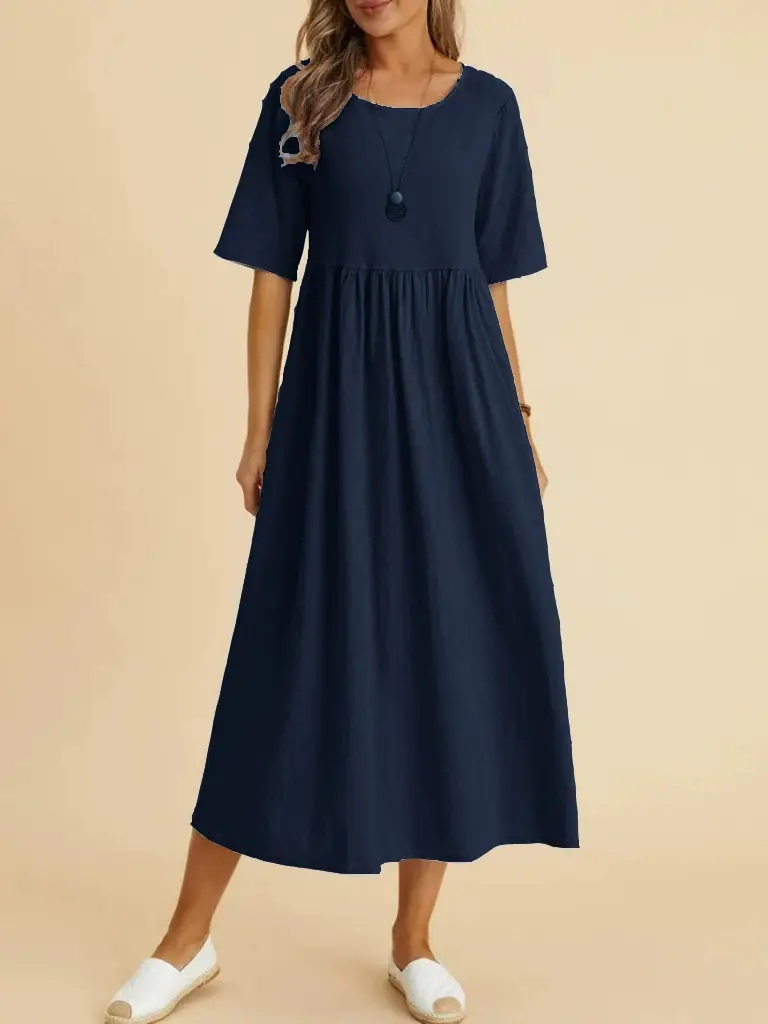 2025 Women's Navy Blue Loose Cotton Linen Dress Medium Length - Image 4