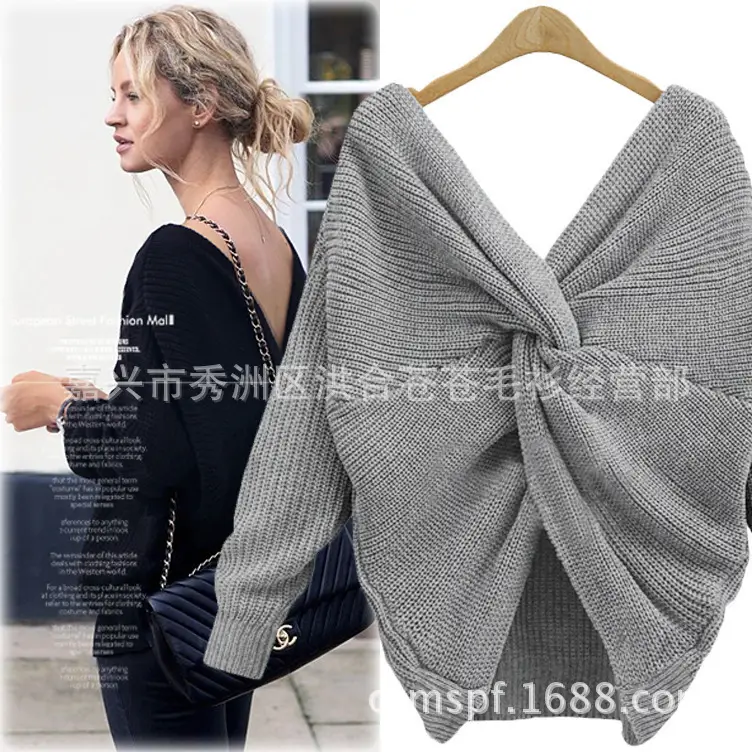 2025 V Neck Knotted Cross Backless Knitwear Women - Image 4