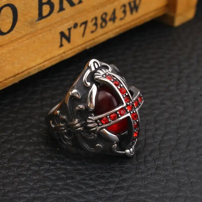 Stainless Steel Vintage Ring with Red Diamonds for Men - Image 11