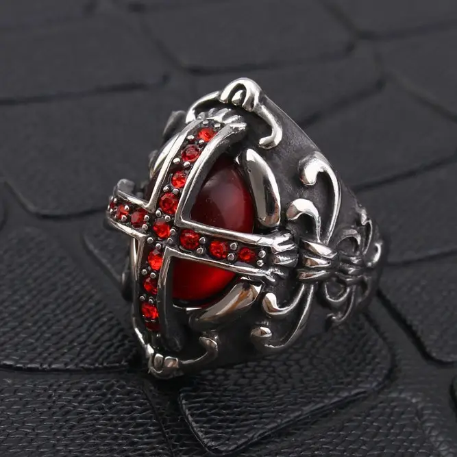 Stainless Steel Vintage Ring with Red Diamonds for Men - Image 12