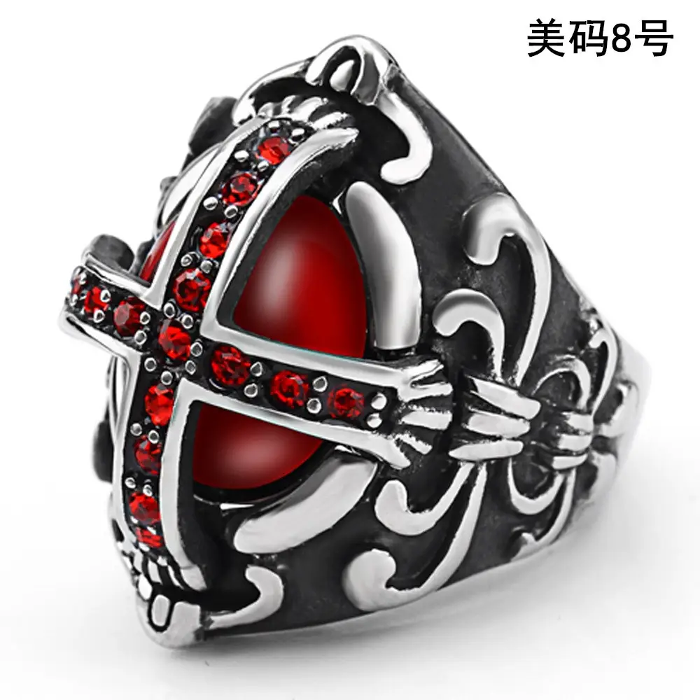 Stainless Steel Vintage Ring with Red Diamonds for Men - Image 2