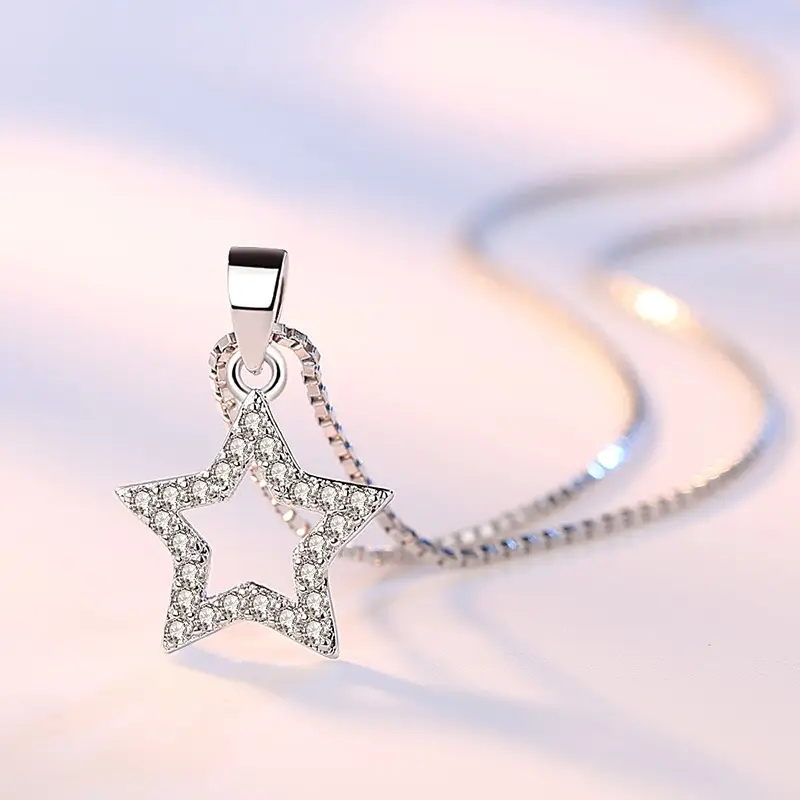 Japanese Korean Women's Five Pointed Star Necklace Silver Plated