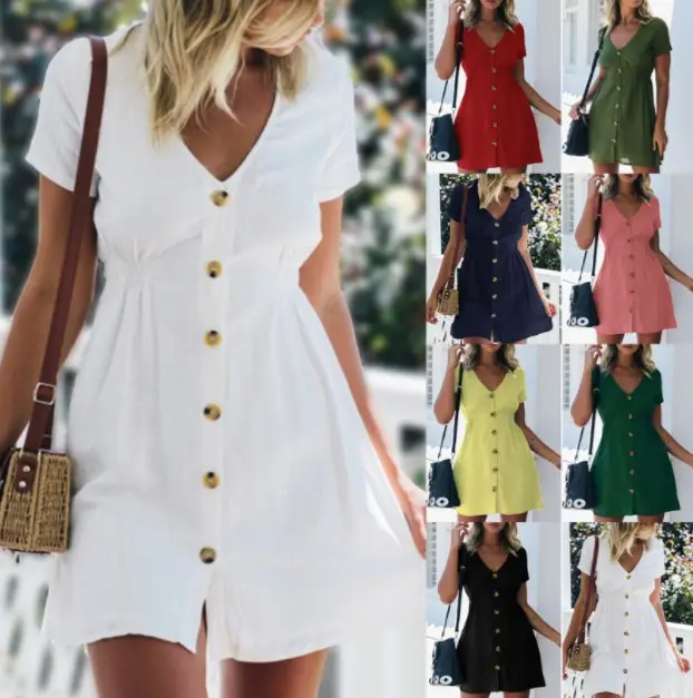 Black V-Neck Button Dress for Women 18"