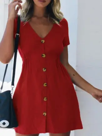 Black V-Neck Button Dress for Women 18" - Image 3