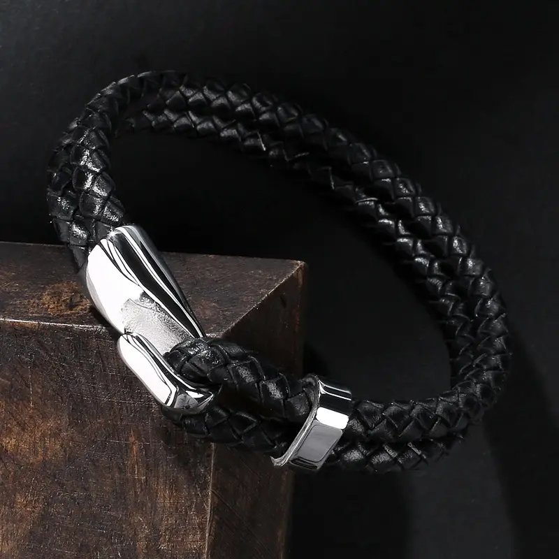 Men's Black Braided Leather Bracelet with Stainless Steel Clasp