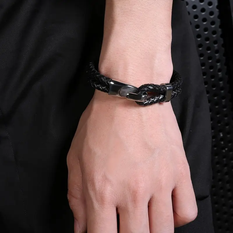 Men's Black Braided Leather Bracelet with Stainless Steel Clasp