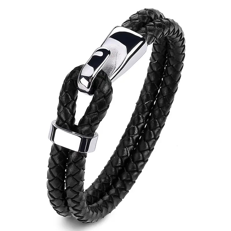 Men's Black Braided Leather Bracelet with Stainless Steel Clasp