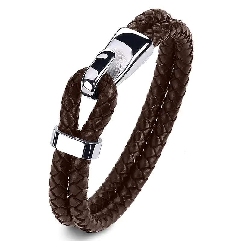 Men's Black Braided Leather Bracelet with Stainless Steel Clasp