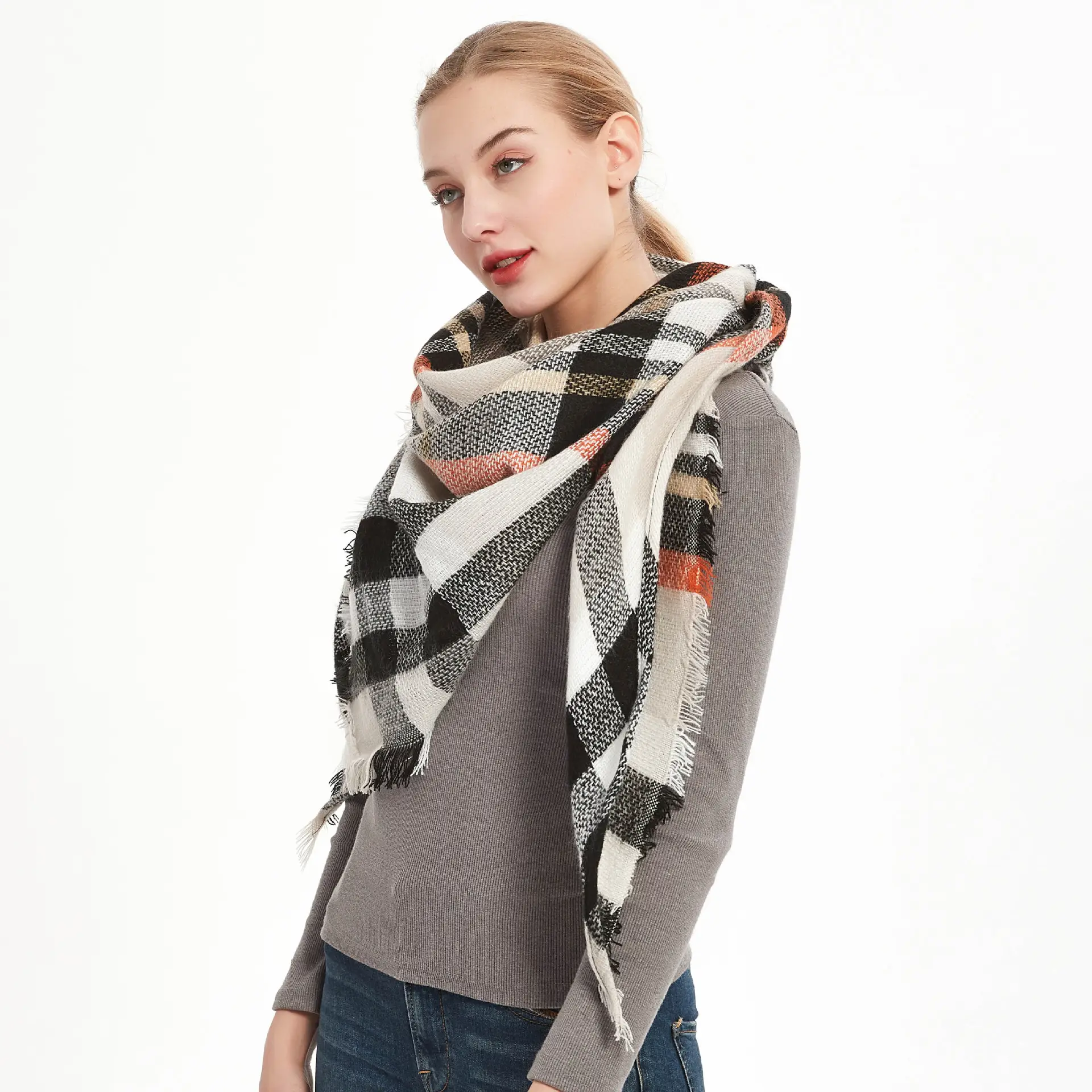 Faux Cashmere Plaid Triangle Shawl Scarf for Women - Image 21