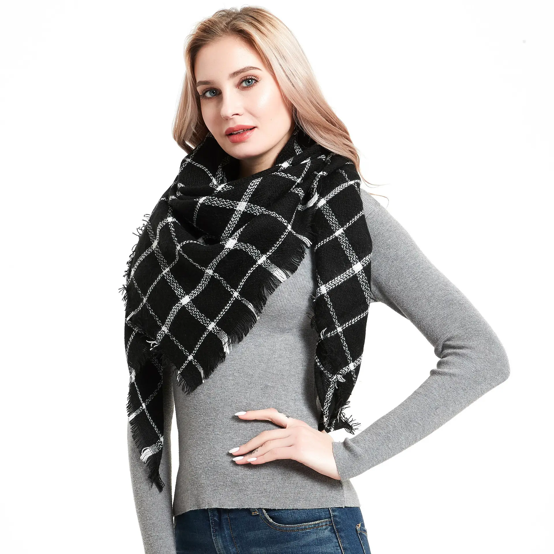 Faux Cashmere Plaid Triangle Shawl Scarf for Women - Image 22