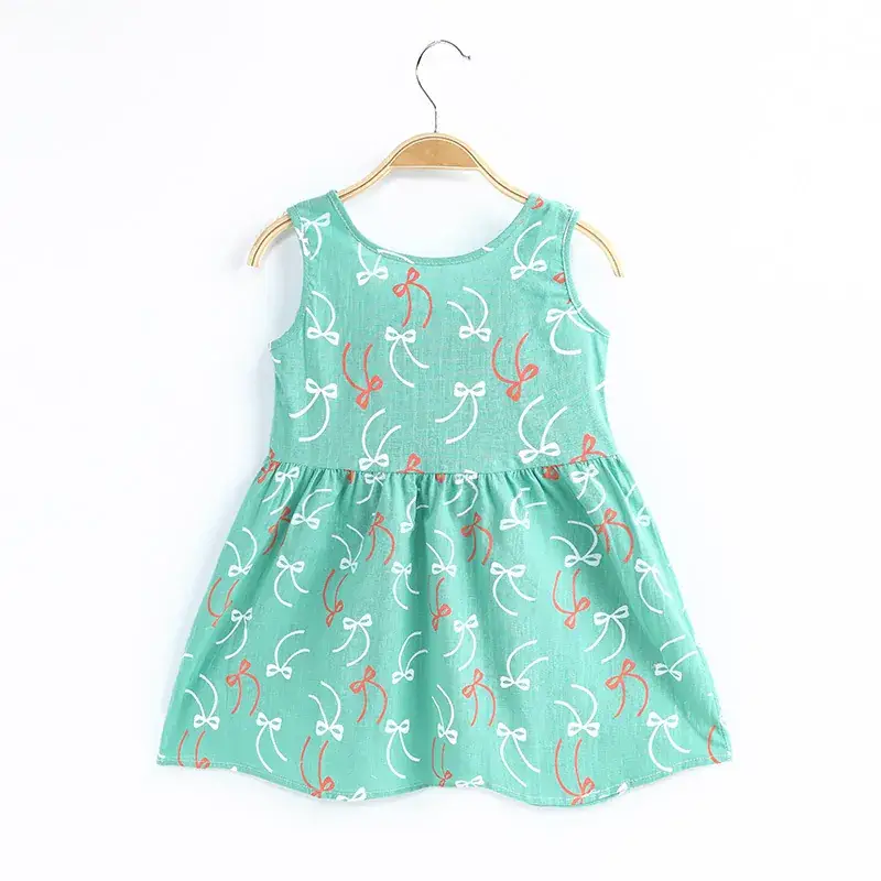 2024 Summer Sleeveless Bow Dress for Girls Cotton Linen