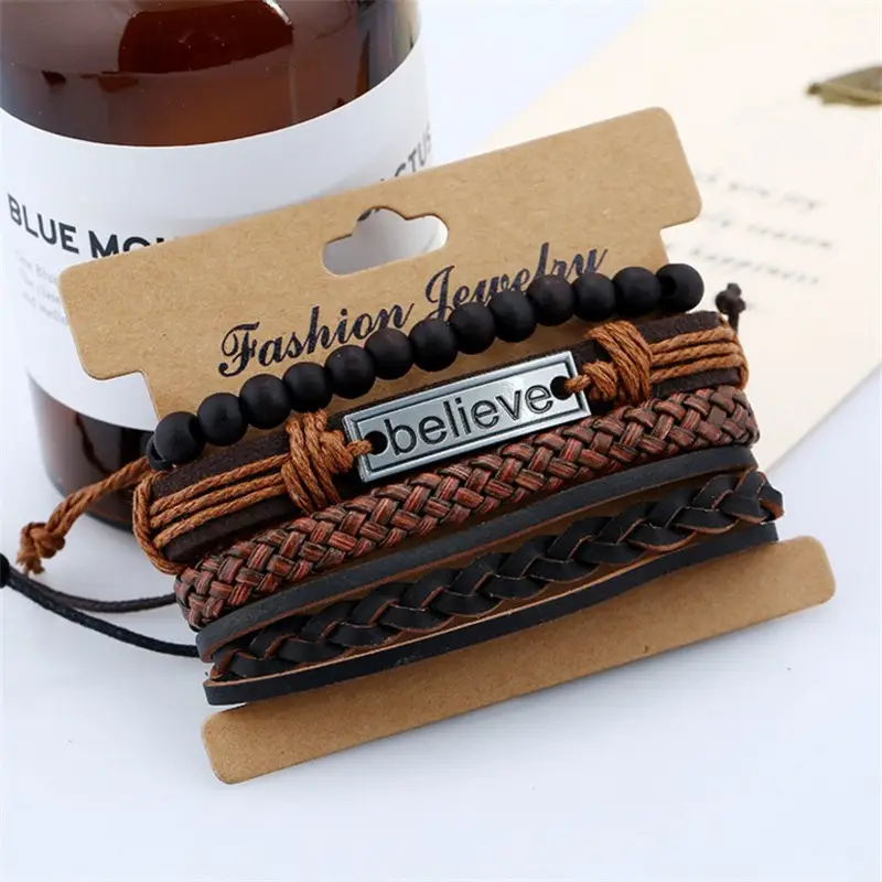 Retro Woven Cowhide Bracelet for Men Believe Design