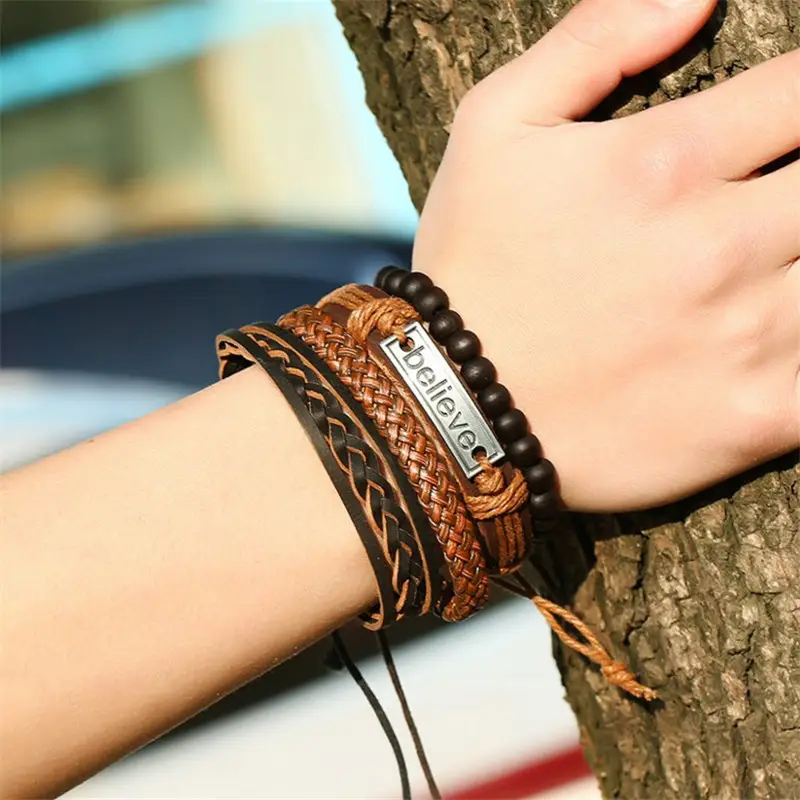 Retro Woven Cowhide Bracelet for Men Believe Design
