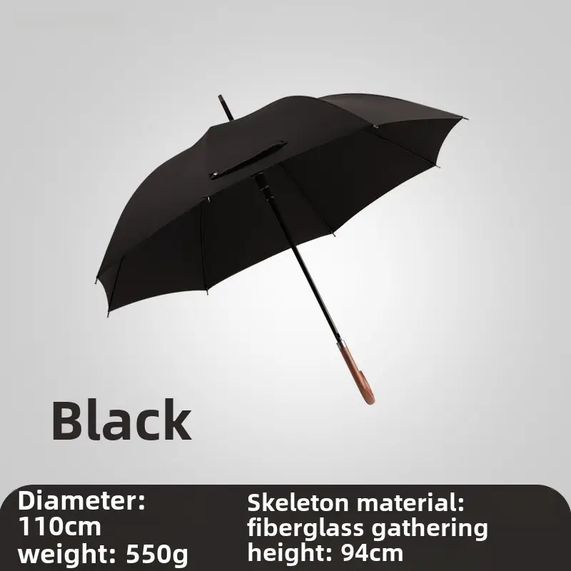 Black Wooden Curved Umbrella Windproof Long Handle