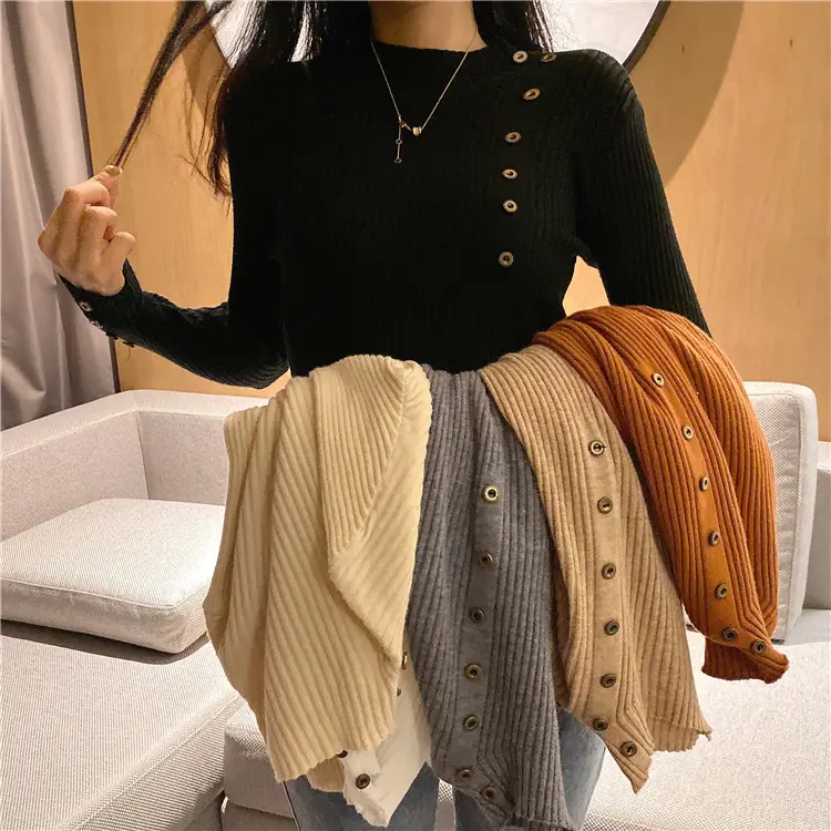 Women's Black Button Long Sleeve Turtleneck Sweater Set - Image 12