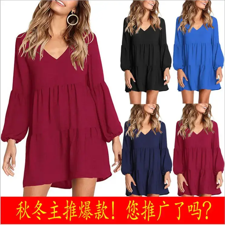 Women's V-Collar Long Sleeve Dress Brown 2022 - Image 3