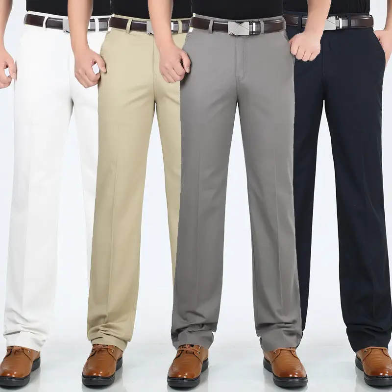 Men Slim Fit Beige Business Pants Long Waist