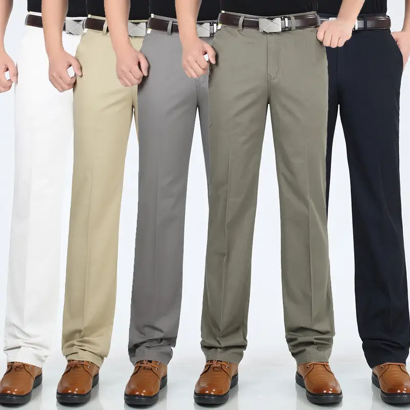 Men Slim Fit Beige Business Pants Long Waist