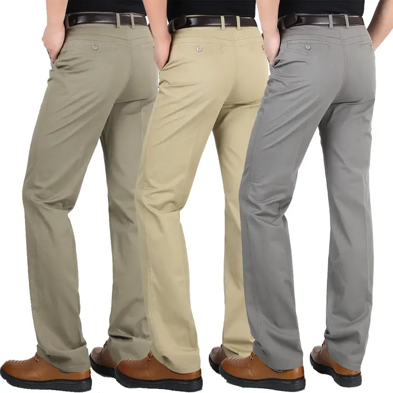 Men Slim Fit Beige Business Pants Long Waist