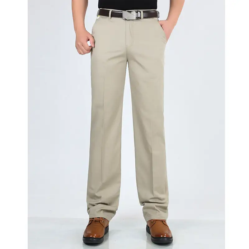 Men Slim Fit Beige Business Pants Long Waist