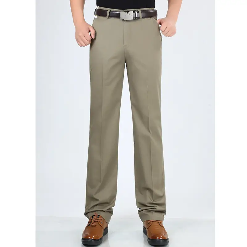 Men Slim Fit Beige Business Pants Long Waist