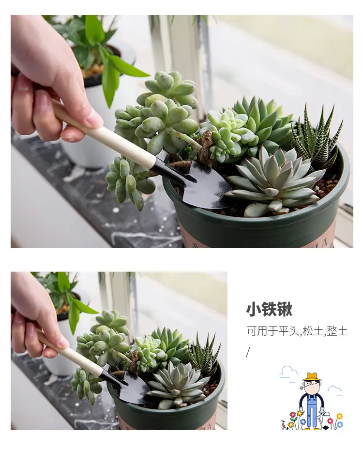 Wholesale garden flower fleshy garden planting tools set small shovel iron rake gardening set of three — feature 9