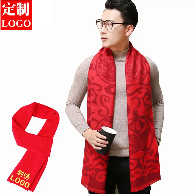 China Red Festival Scarf Custom Embroidery Silk Screen Campaign