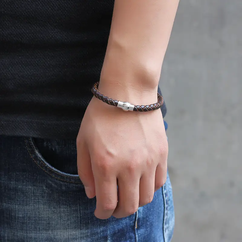 Men's Blue Braided Leather Bracelet with Magnetic Buckle