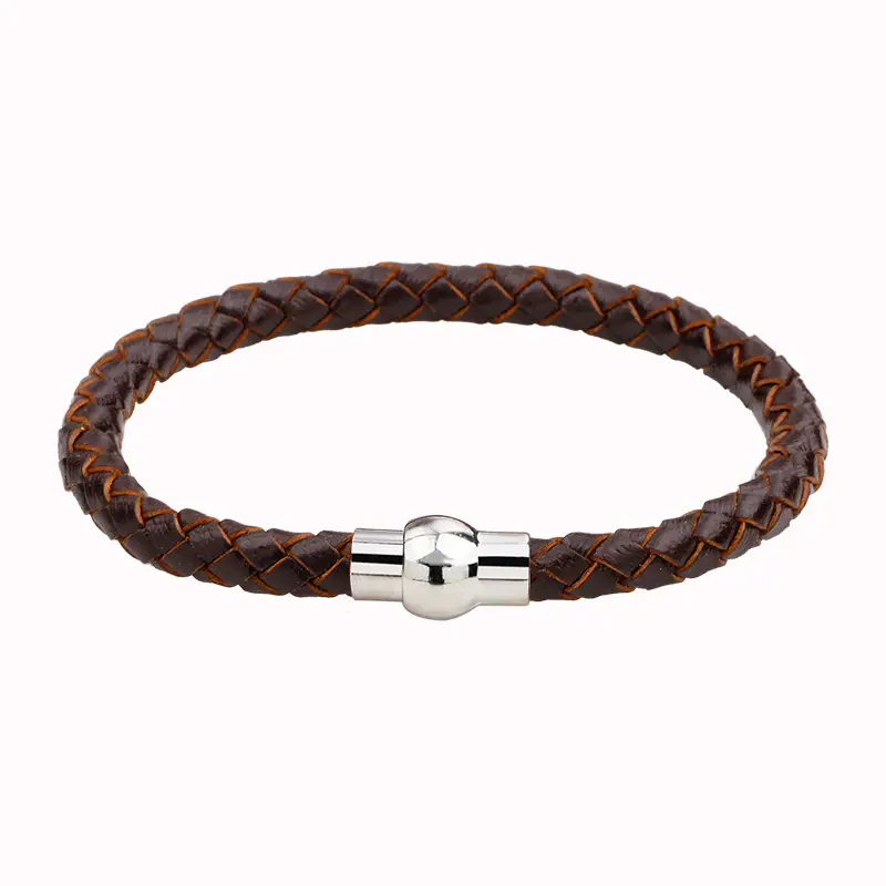 Men's Blue Braided Leather Bracelet with Magnetic Buckle