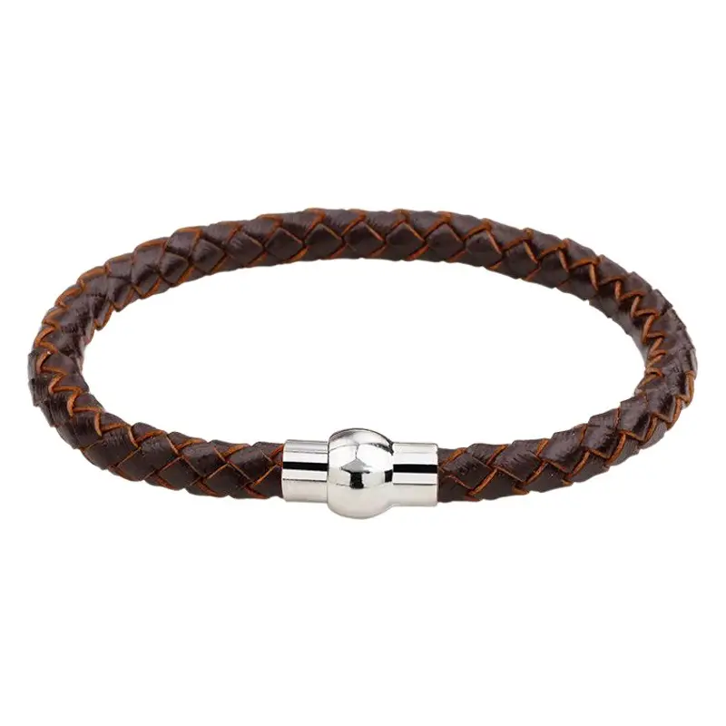 Men's Blue Braided Leather Bracelet with Magnetic Buckle