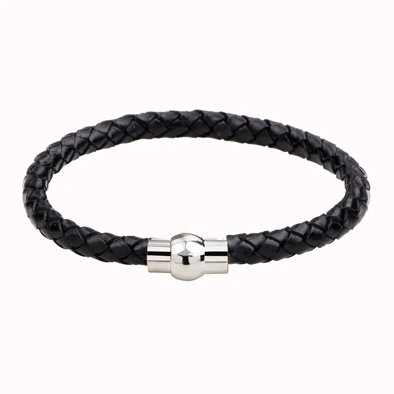Men's Blue Braided Leather Bracelet with Magnetic Buckle