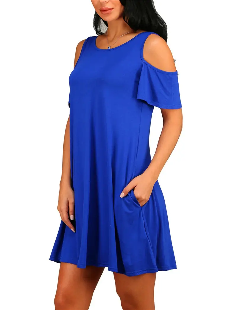Women Off-Shoulder Midi Skirt Dress Blue Solid Large