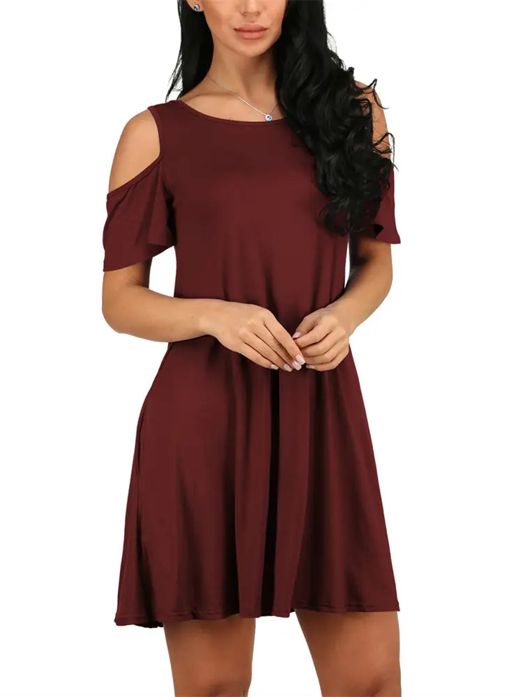 Women Off-Shoulder Midi Skirt Dress Blue Solid Large
