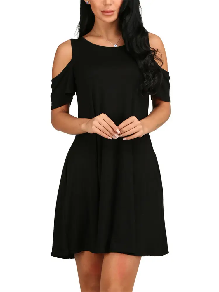 Women Off-Shoulder Midi Skirt Dress Blue Solid Large