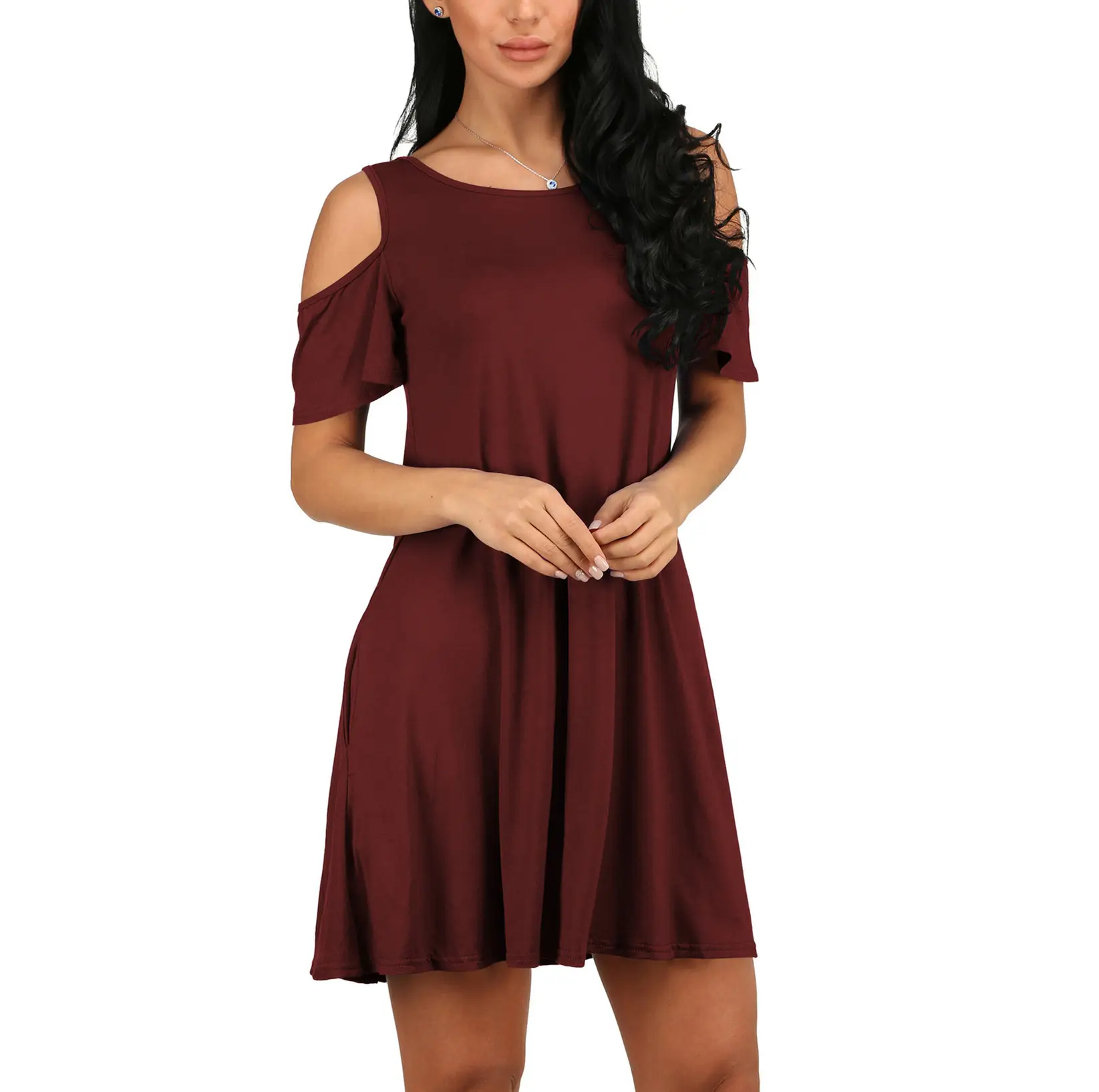 Women Off-Shoulder Midi Skirt Dress Blue Solid Large