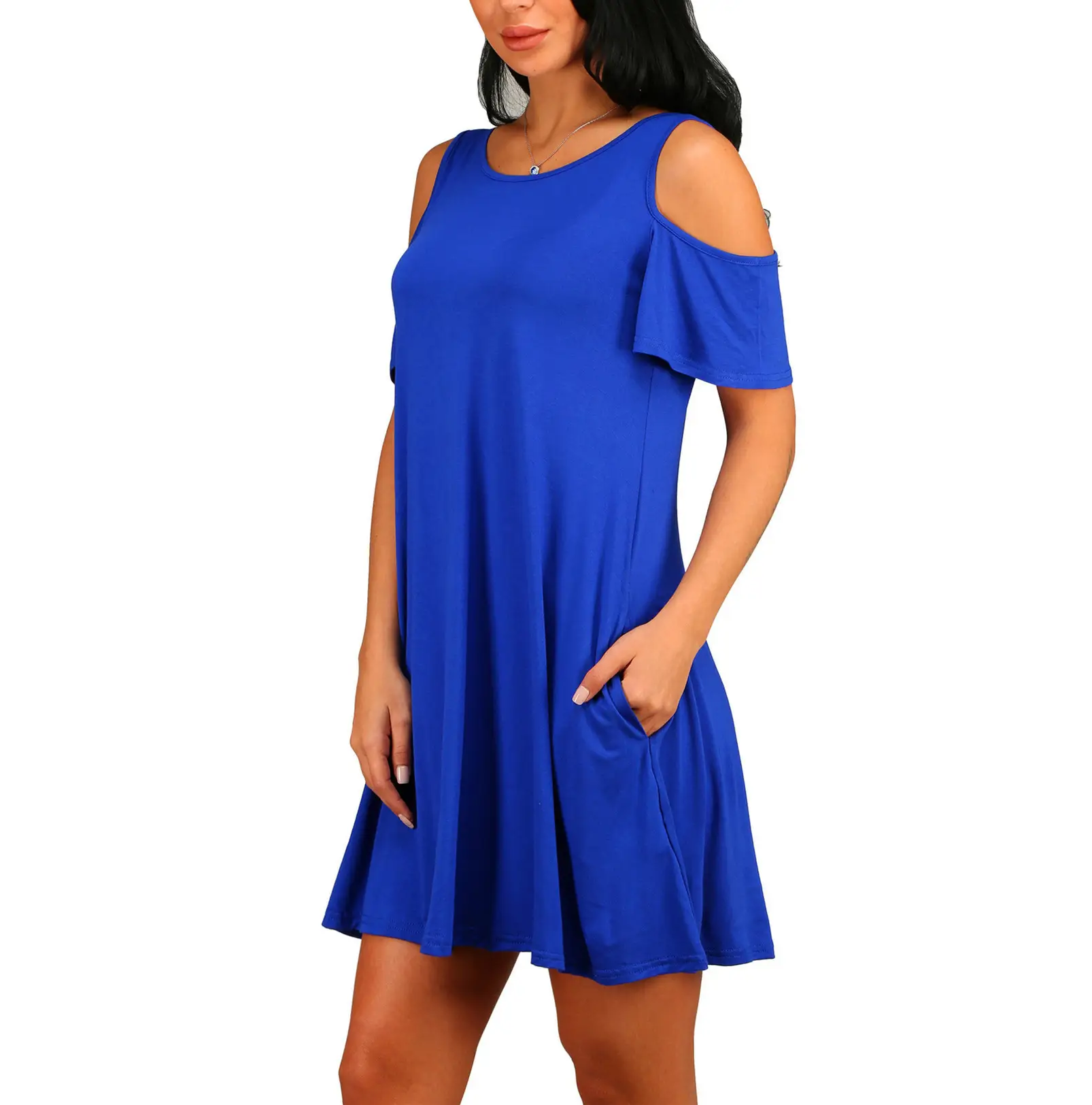 Women Off-Shoulder Midi Skirt Dress Blue Solid Large