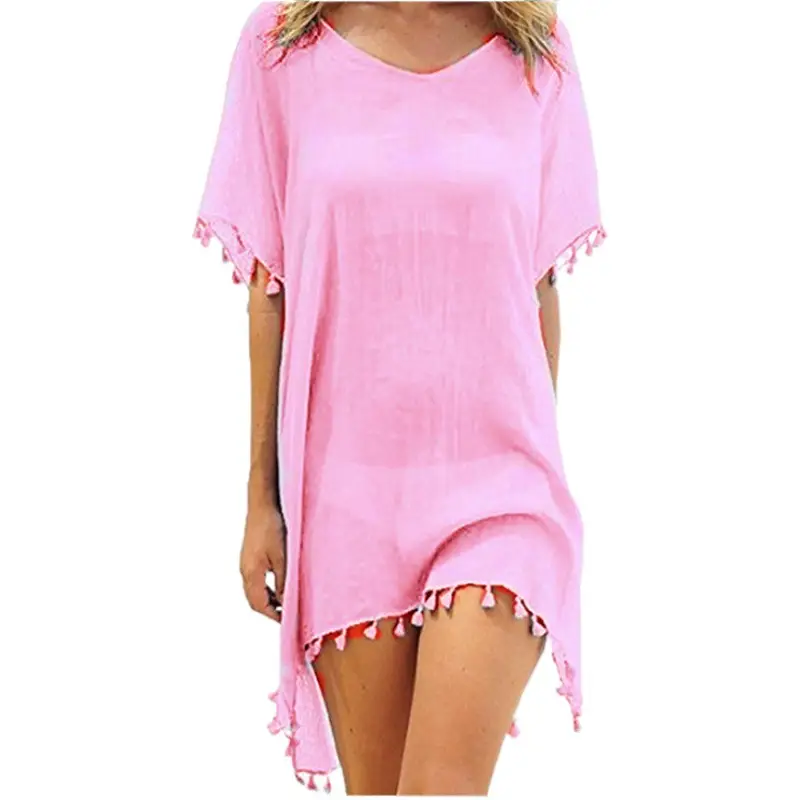 Women's White Tassel Chiffon Dress Large Loose Beach Top