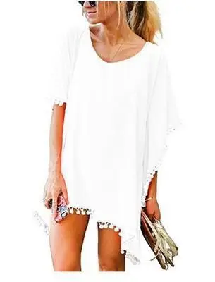Women's White Tassel Chiffon Dress Large Loose Beach Top - Image 12