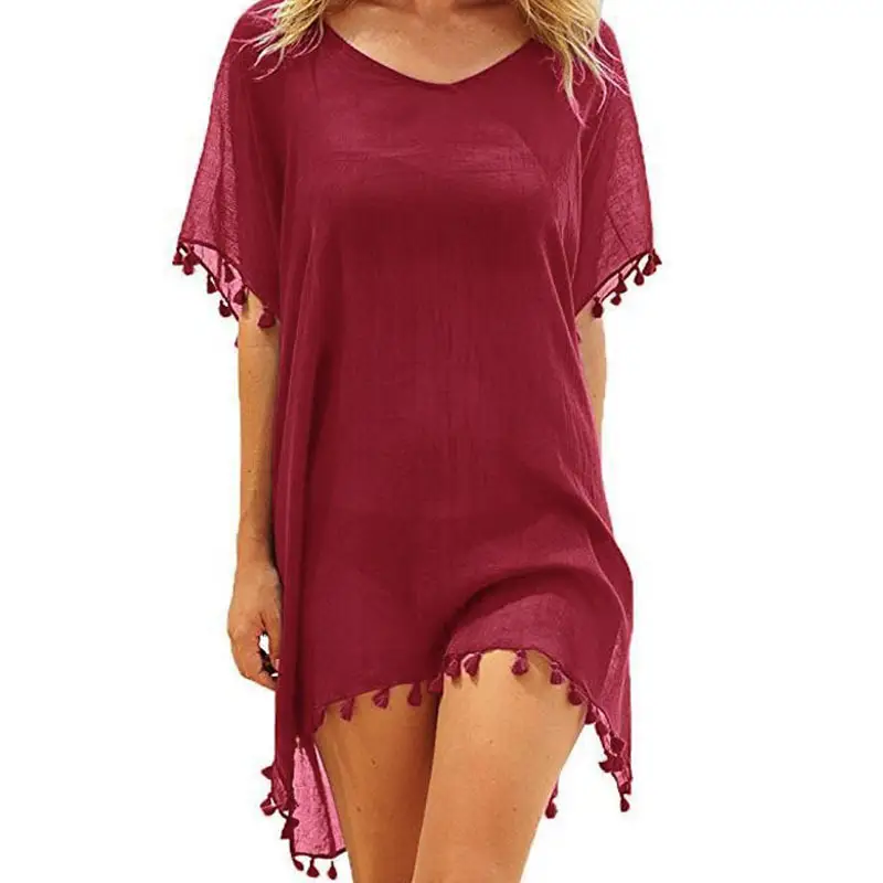 Women's White Tassel Chiffon Dress Large Loose Beach Top - Image 2