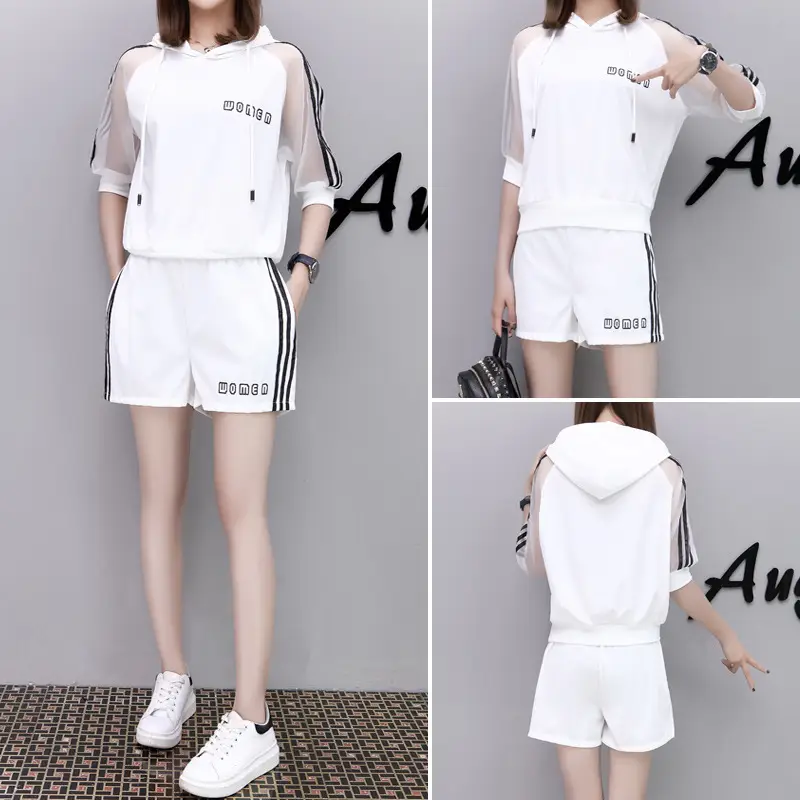 Women's White Mesh Raglan Sleeve Hooded Shorts Set - Image 14