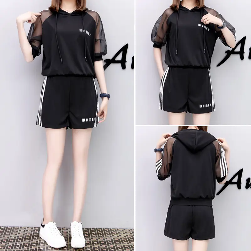 Women's White Mesh Raglan Sleeve Hooded Shorts Set - Image 16