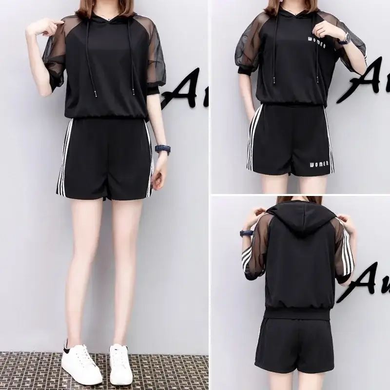 Women's White Mesh Raglan Sleeve Hooded Shorts Set - Image 12