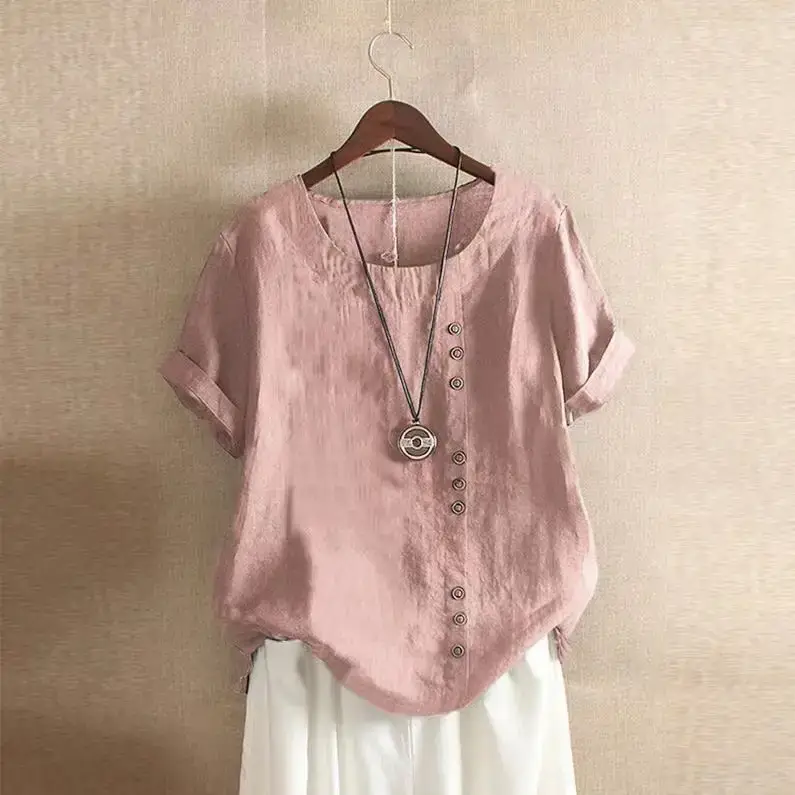 Women Cotton Linen Round Neck Short Sleeve Shirt Navy Blue - Image 8