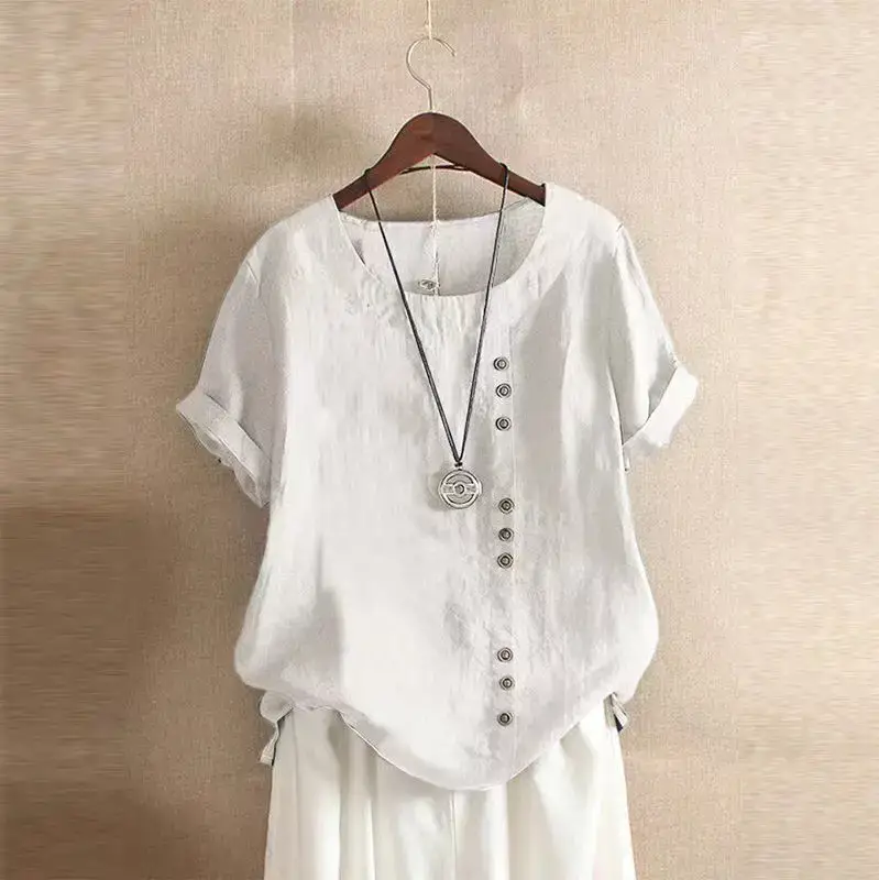 Women Cotton Linen Round Neck Short Sleeve Shirt Navy Blue - Image 9