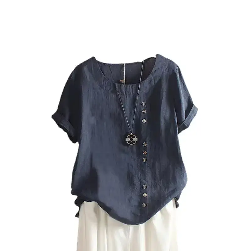 Women Cotton Linen Round Neck Short Sleeve Shirt Navy Blue - Image 10