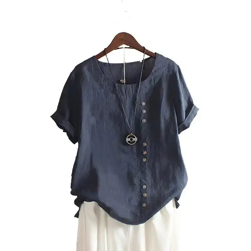 Women Cotton Linen Round Neck Short Sleeve Shirt Navy Blue - Image 3