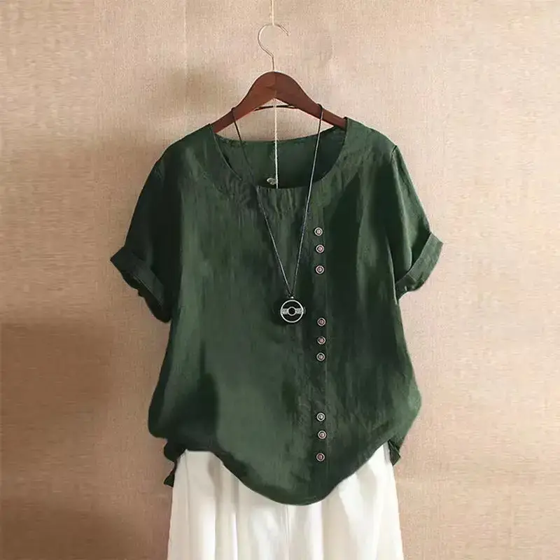 Women Cotton Linen Round Neck Short Sleeve Shirt Navy Blue - Image 4
