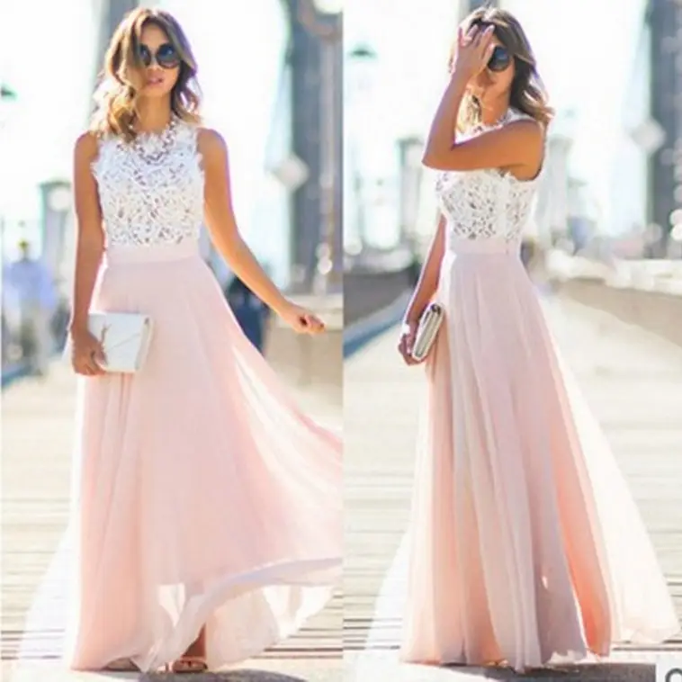 Pink Lace Chiffon Maxi Dress 5 Colors 5 Sizes