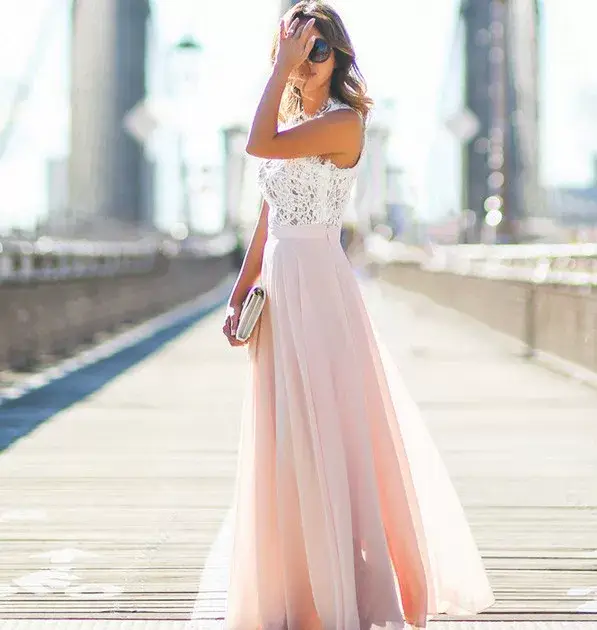 Pink Lace Chiffon Maxi Dress 5 Colors 5 Sizes — feature 4