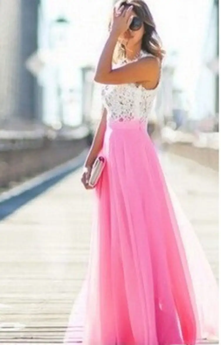Pink Lace Chiffon Maxi Dress 5 Colors 5 Sizes